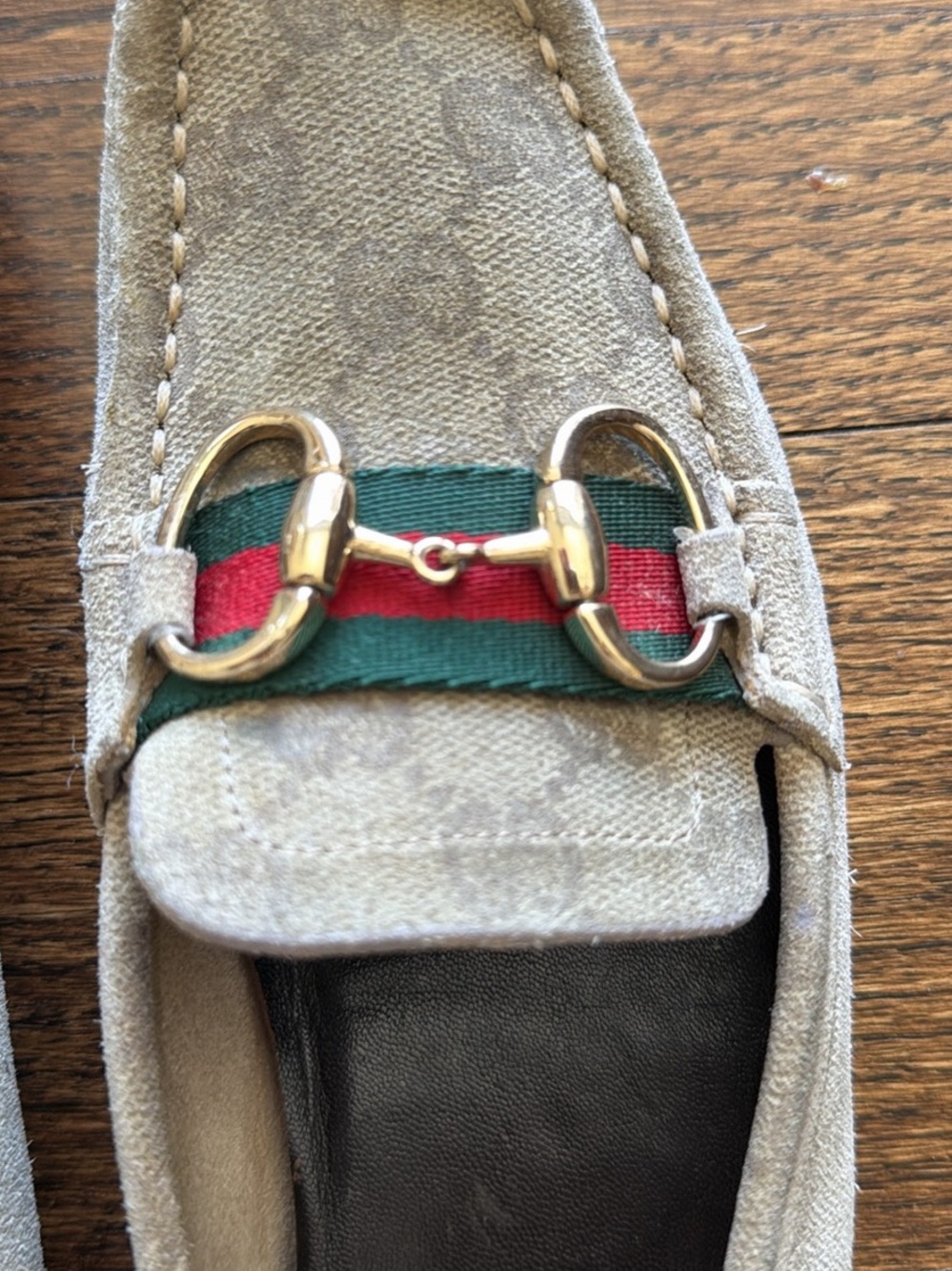 Gucci Beige Suede Horsebit Loafers with Red & Green Web ~ Size 6.5 - Picture 4 of 12